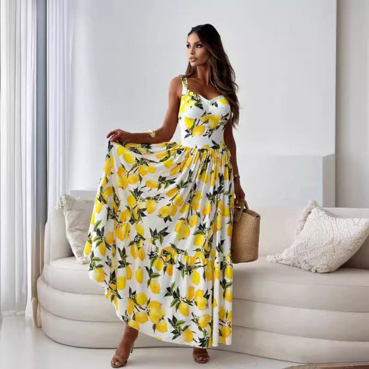 ✨Elegance je tak jednoduchá - 🍋Femei Elegant Lemon Print Spaghetti Strap Flowy rochie lungă