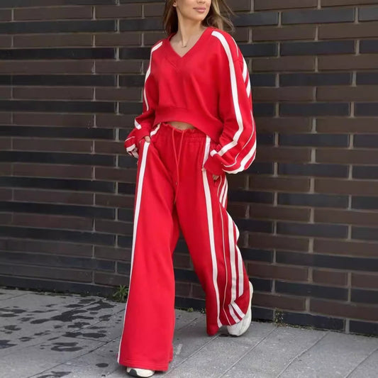 💕New sports suit 53% OFF💕V-Neck Sweatshirt & Wide-Leg Pants 2-Piece Set