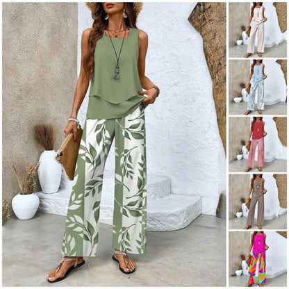 🌺Dámské módní tisk 2 kusy oblečení bez rukávů Top & kalhoty
