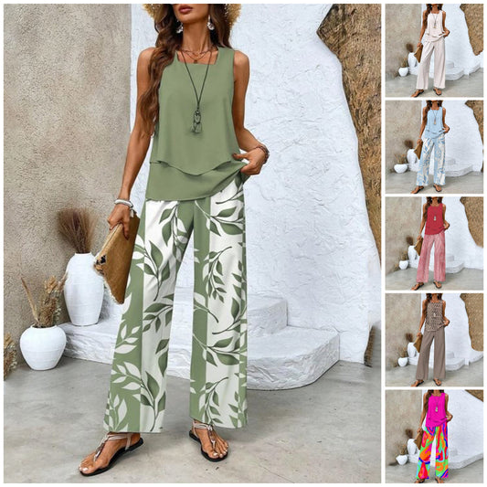 🌺Dámské módní tisk 2 kusy oblečení bez rukávů Top & kalhoty