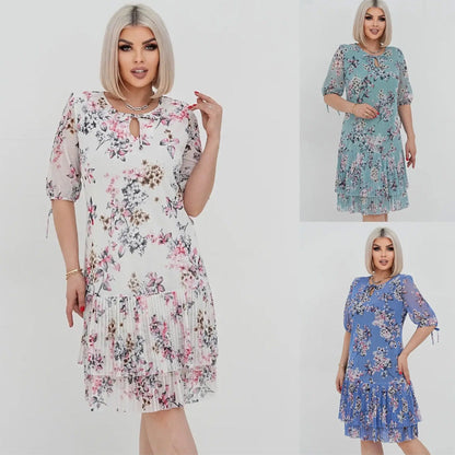 🌹Elegantní šifonové dlouhé plisované šaty s krátkými rukávy
