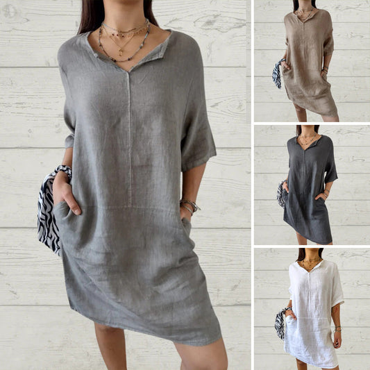 【S-2XL】🌿Dámské ležérní pevné volné šaty s výstřihem do V💯