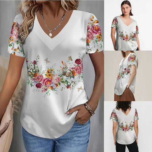 🌸Dámské květinové tričko s krátkým rukávem a výstřihem do V👚