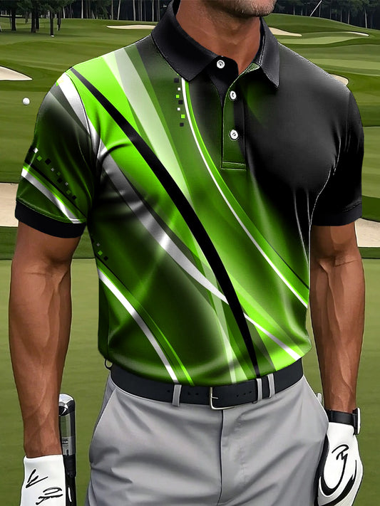 Men's retro gradient abstract line art print casual business polo shirt