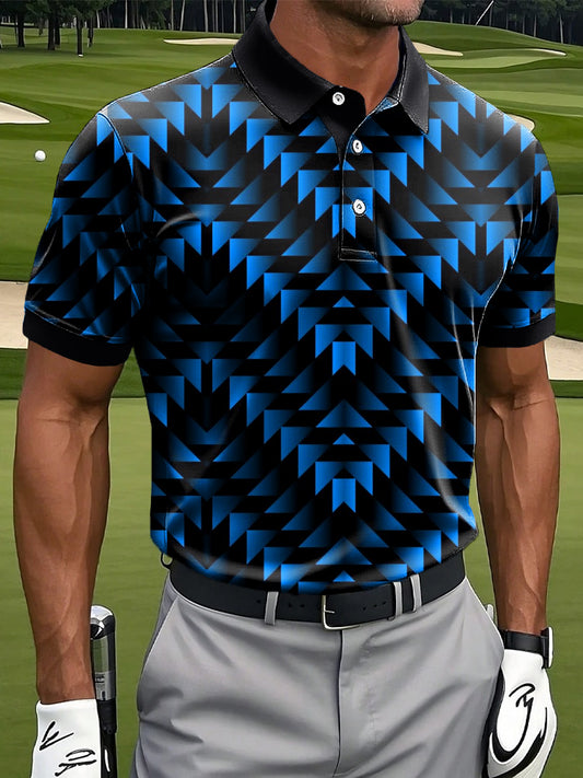 Men's retro gradient geometric art print casual business polo shirt