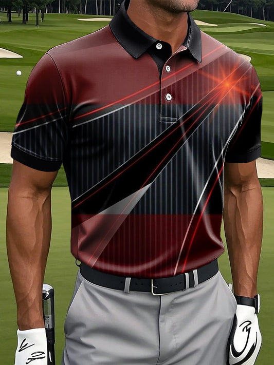 Men's retro gradient striped patchwork art print casual business polo shirt