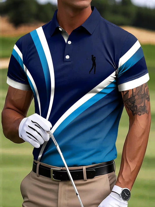 Men's golf striped art print casual business polo shirt