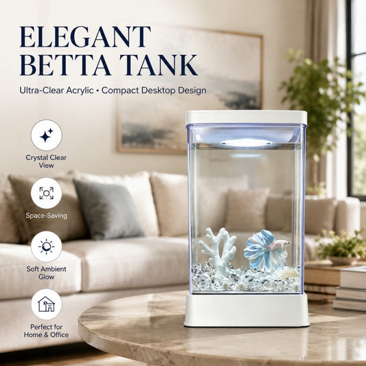 🐟 Akvárium pro bettu s 7barevnými LED světly – Čirý akrylát kompaktní vertikální design nabíjení přes USB. Perfektní na psací stůl a noční stolek – vytváří klidnou atmosféru! ✨🌙