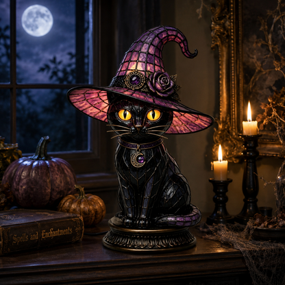 Gotická halloweenská stolní lampa s čarodějnicí a kočkou